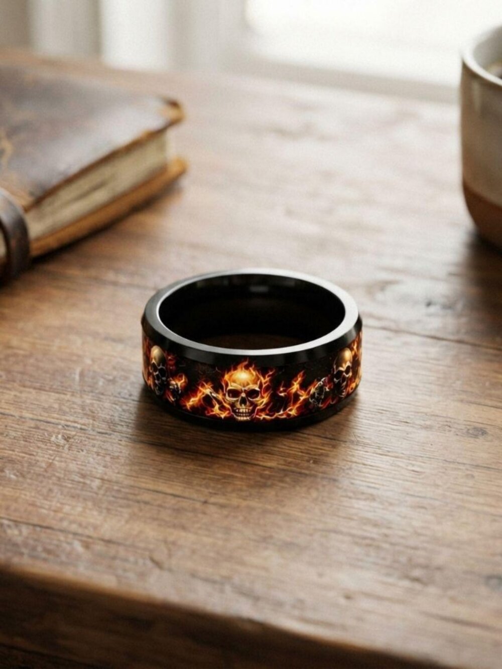 Mens 8mm skull fire band ring